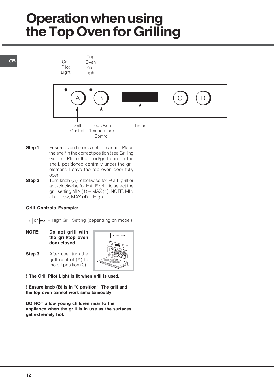 Operation when using the top oven for grilling, Ab c d | Hotpoint BD52B/2 User Manual | Page 12 / 44
