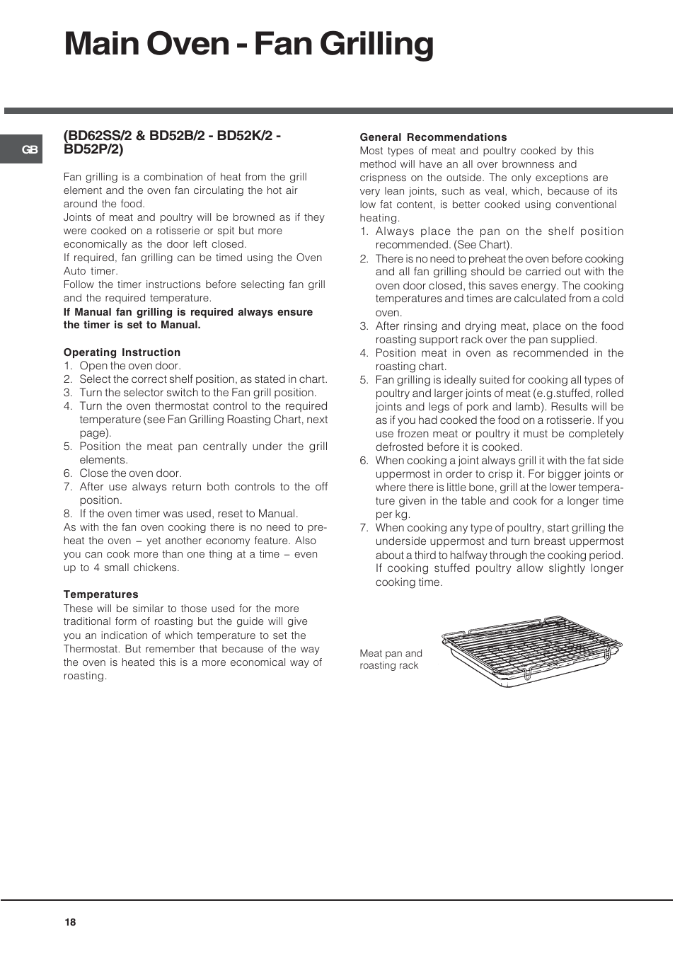 Main oven - fan grilling | Hotpoint BD52B/2 User Manual | Page 18 / 44