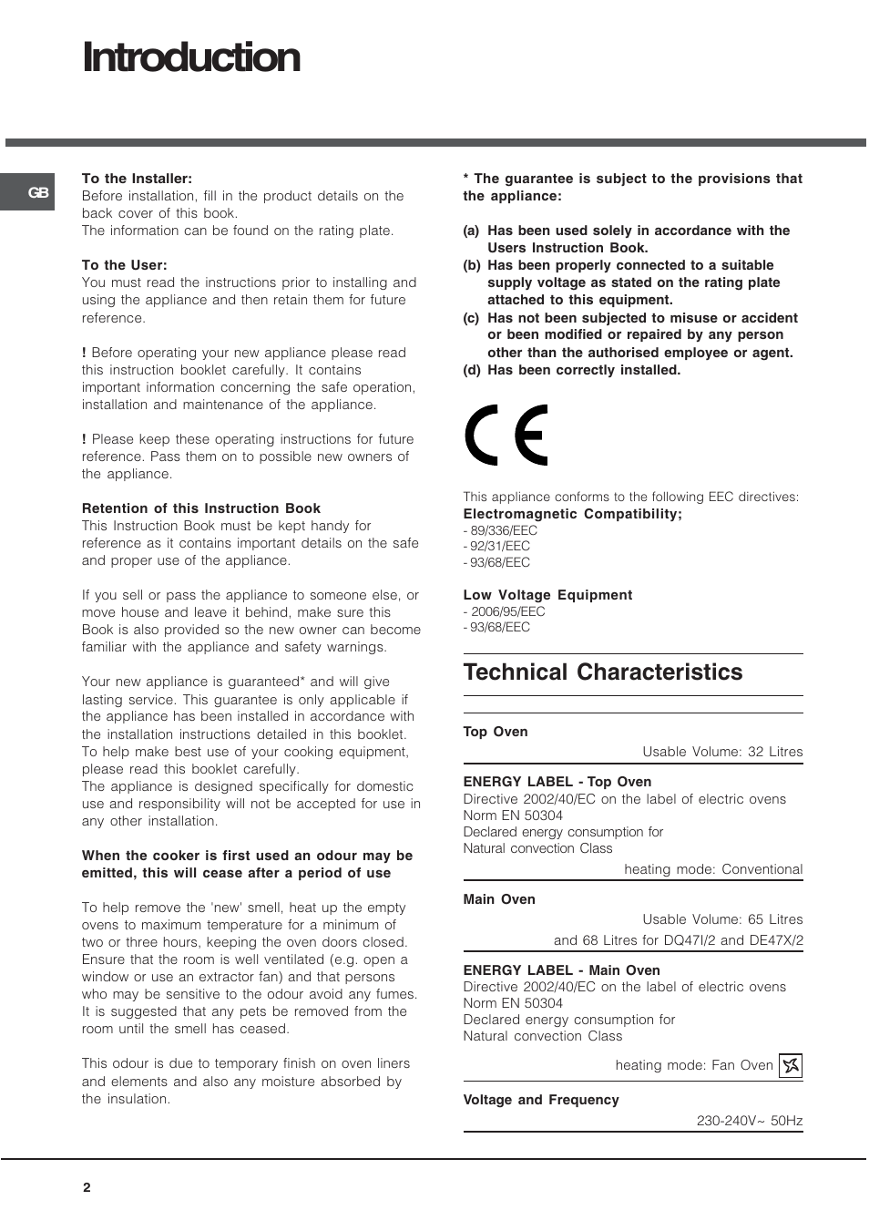 Introduction, Technical characteristics | Hotpoint BD52B/2 User Manual | Page 2 / 44