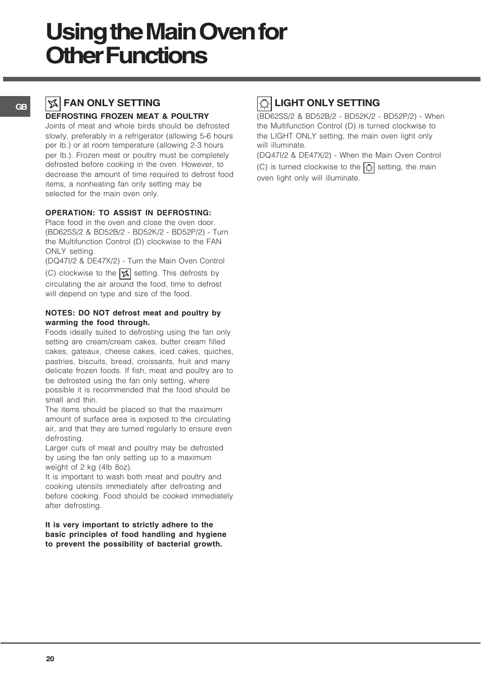 Using the main oven for other functions | Hotpoint BD52B/2 User Manual | Page 20 / 44