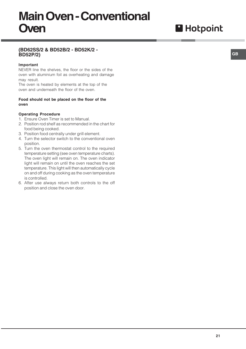 Main oven - conventional oven | Hotpoint BD52B/2 User Manual | Page 21 / 44