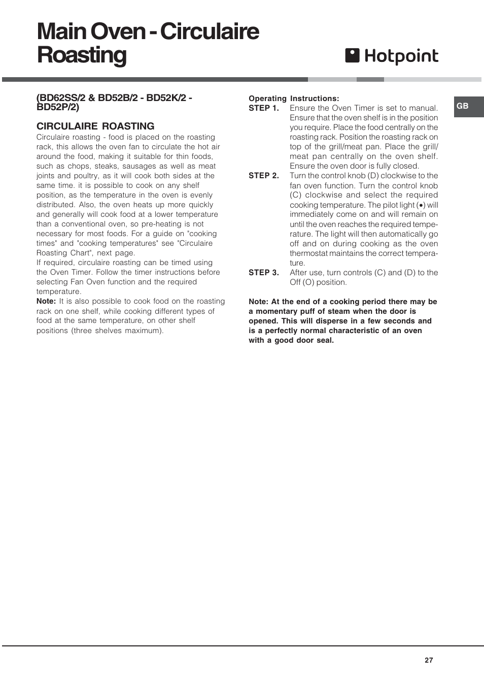Main oven - circulaire roasting | Hotpoint BD52B/2 User Manual | Page 27 / 44