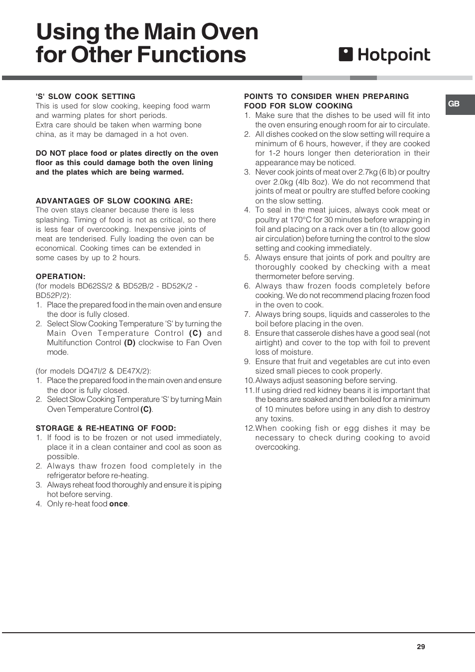 Using the main oven for other functions | Hotpoint BD52B/2 User Manual | Page 29 / 44