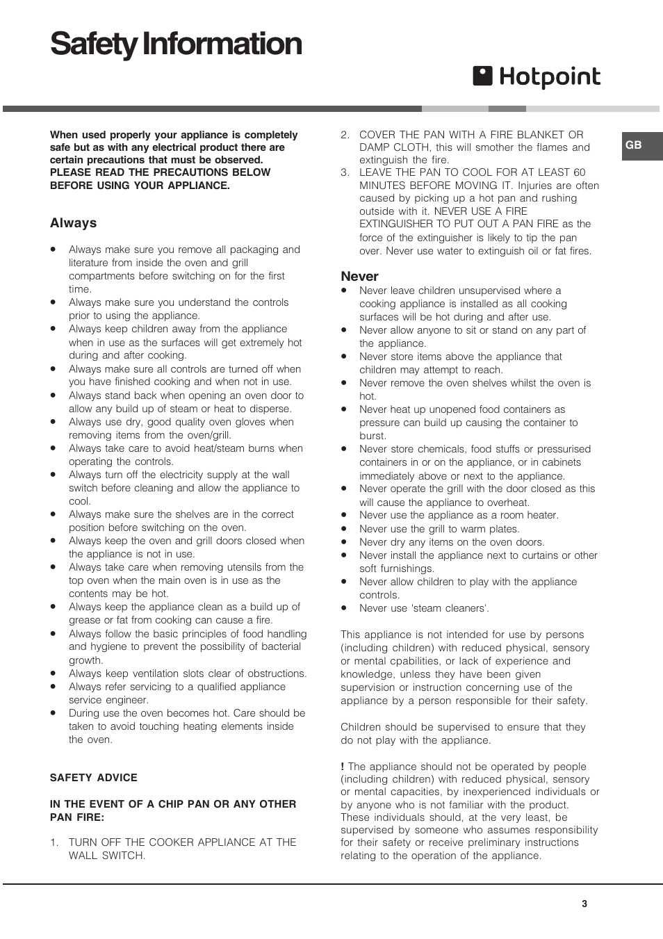 Safety information | Hotpoint BD52B/2 User Manual | Page 3 / 44