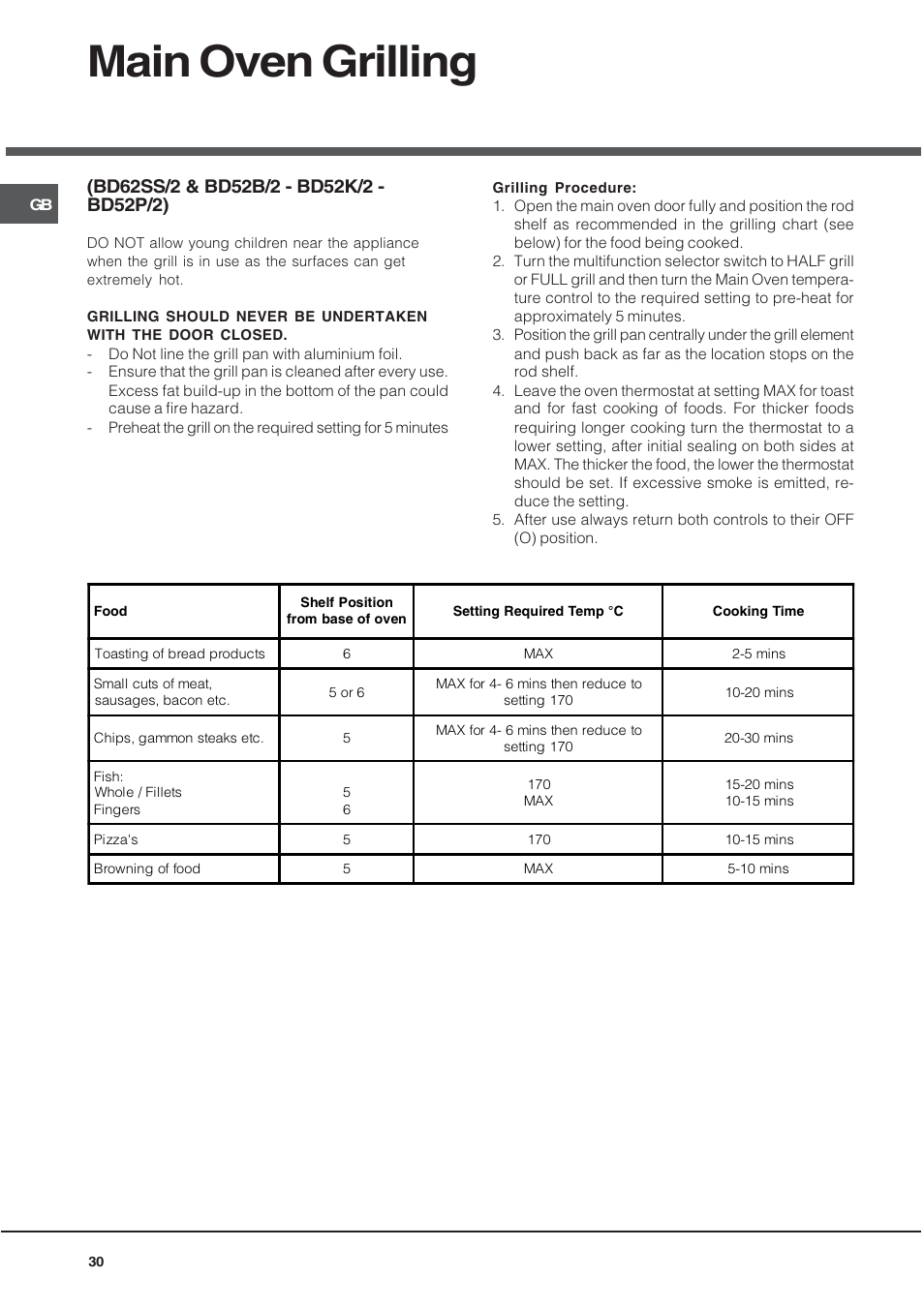 Main oven grilling | Hotpoint BD52B/2 User Manual | Page 30 / 44