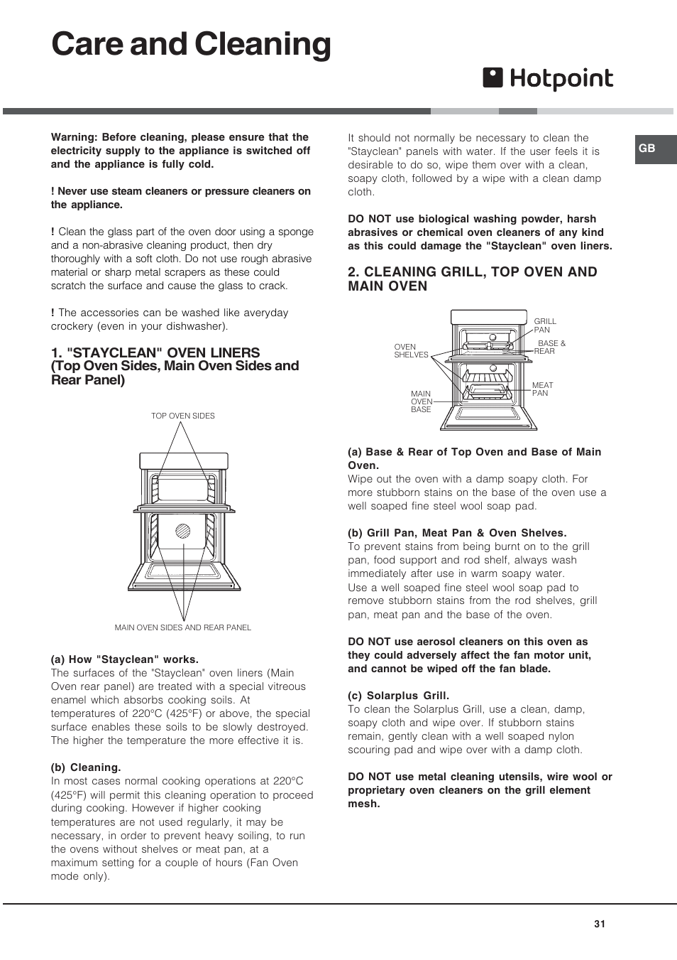 Care and cleaning, Cleaning grill, top oven and main oven | Hotpoint BD52B/2 User Manual | Page 31 / 44