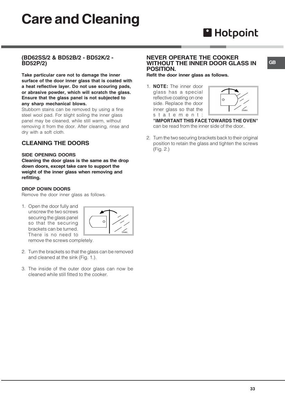 Care and cleaning | Hotpoint BD52B/2 User Manual | Page 33 / 44