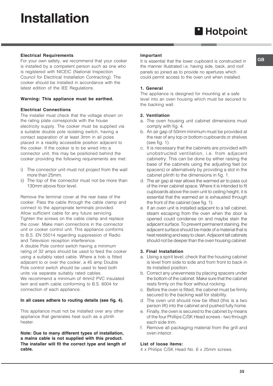 Installation | Hotpoint BD52B/2 User Manual | Page 35 / 44