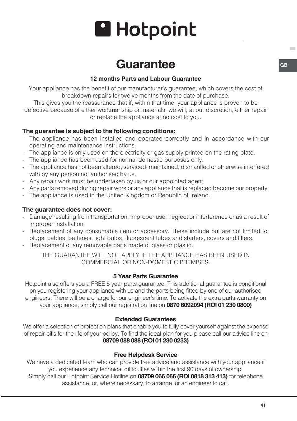 Guarantee | Hotpoint BD52B/2 User Manual | Page 41 / 44