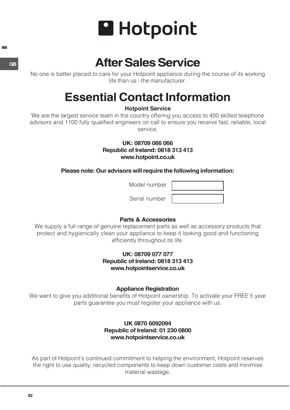 After sales service, Essential contact information | Hotpoint BD52B/2 User Manual | Page 42 / 44