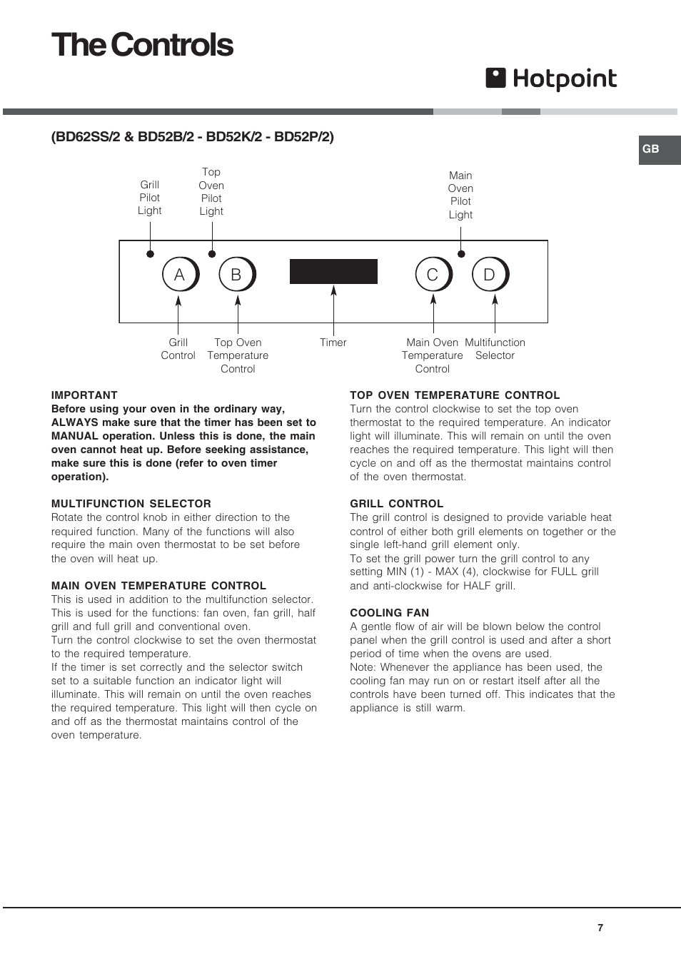 The controls, Ab c d | Hotpoint BD52B/2 User Manual | Page 7 / 44