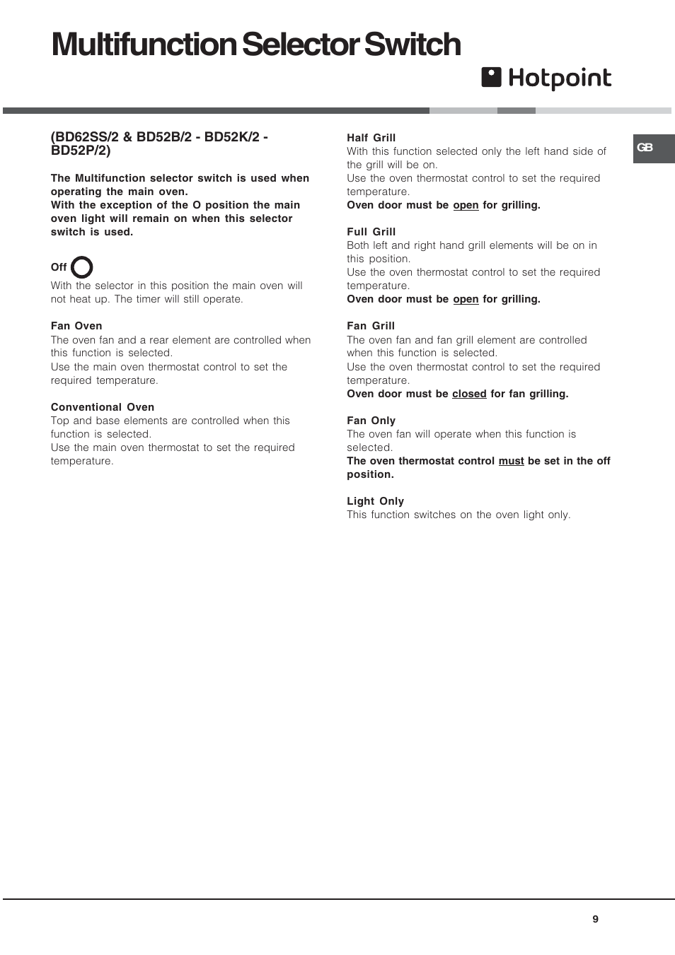 Multifunction selector switch | Hotpoint BD52B/2 User Manual | Page 9 / 44