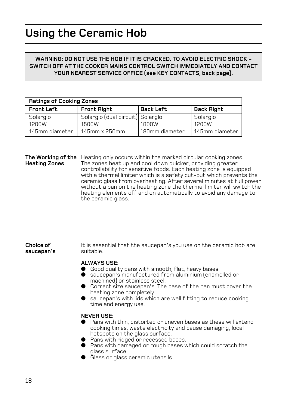 Using the ceramic hob | Hotpoint EW84 User Manual | Page 18 / 36