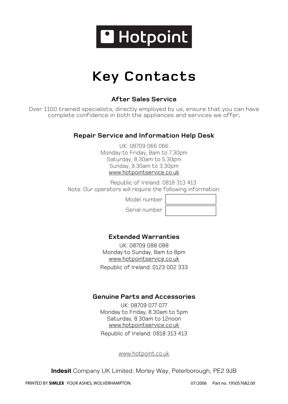 Key contacts | Hotpoint EW84 User Manual | Page 36 / 36