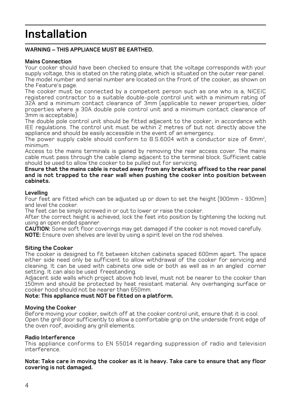 Installation | Hotpoint EW84 User Manual | Page 4 / 36