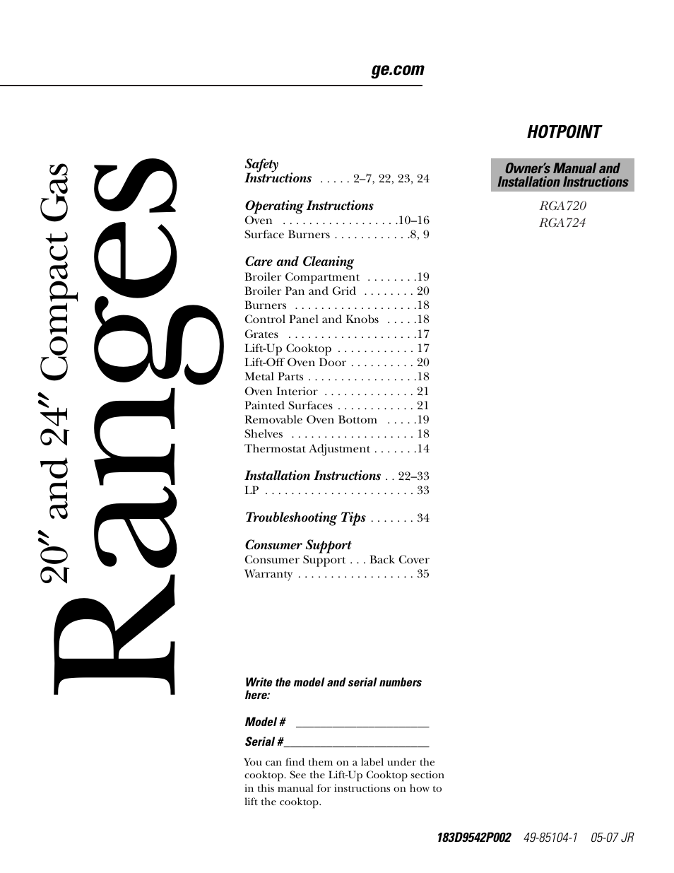 Hotpoint RGA724 User Manual | 36 pages