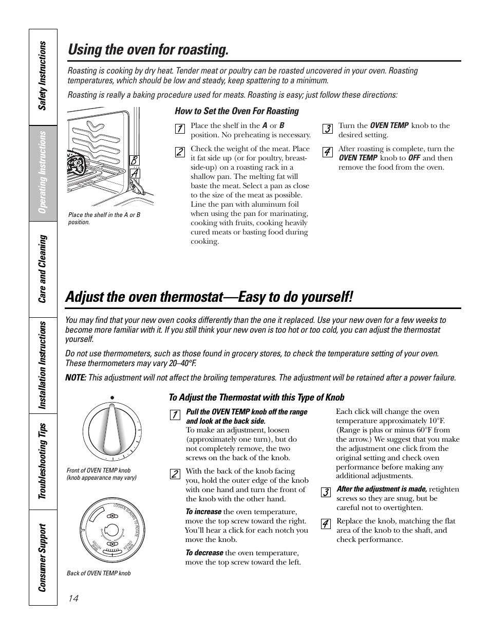 Thermostat adjustment, Using the oven for roasting, Adjust the oven thermostat—easy to do yourself | How to set the oven for roasting | Hotpoint RGA724 User Manual | Page 14 / 36