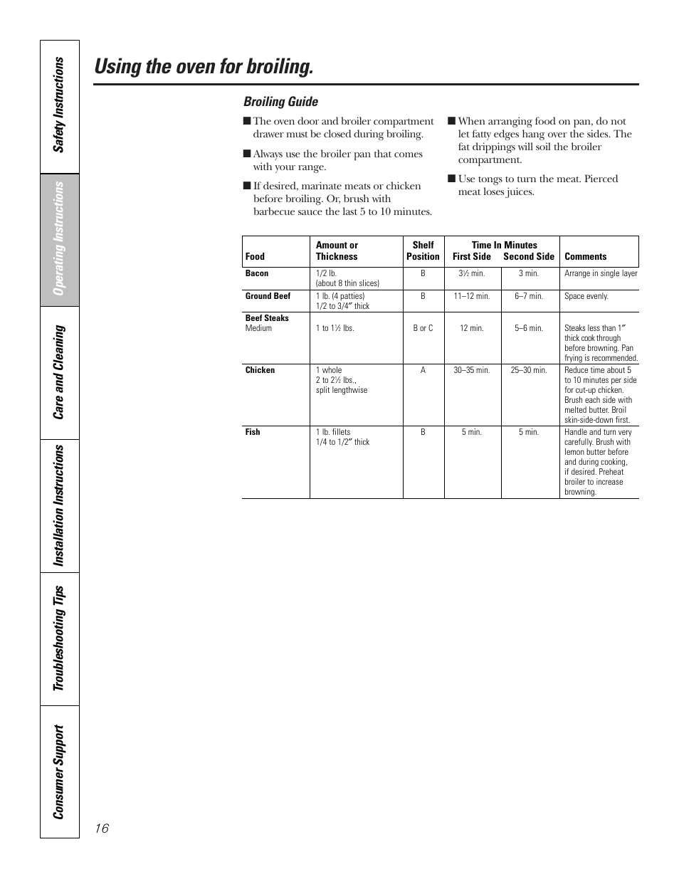 Using the oven for broiling, Broiling guide | Hotpoint RGA724 User Manual | Page 16 / 36