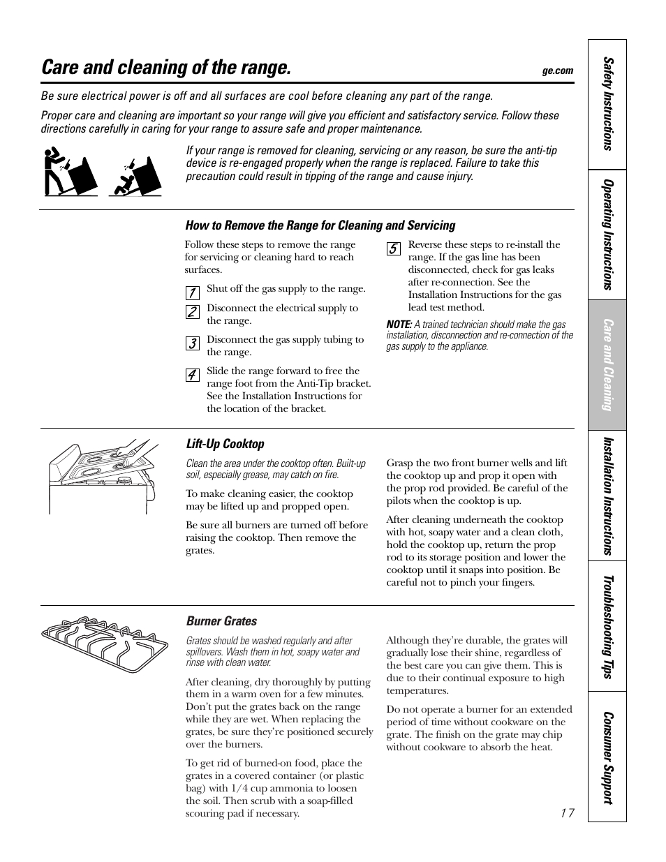 Grates, Lift-up cooktop, Grates lift-up cooktop | Care and cleaning of the range | Hotpoint RGA724 User Manual | Page 17 / 36