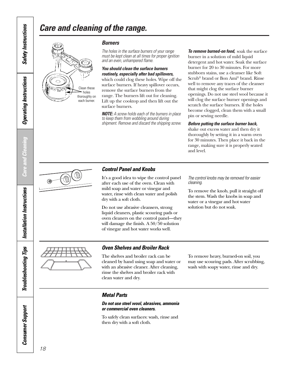 Burners, Control panel and knobs, Metal parts | Shelves, Burners control panel and knobs, Care and cleaning of the range | Hotpoint RGA724 User Manual | Page 18 / 36