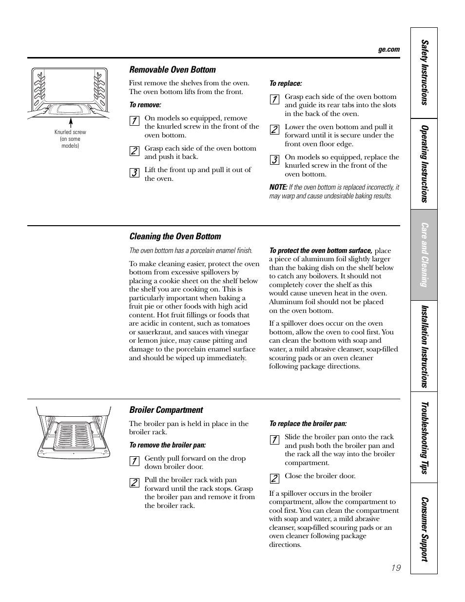 Broiler compartment, Removable oven bottom | Hotpoint RGA724 User Manual | Page 19 / 36