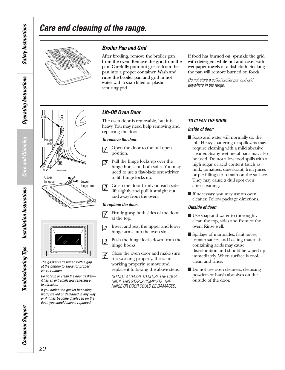 Broiler pan and grid, Lift-off oven door, Care and cleaning of the range | Hotpoint RGA724 User Manual | Page 20 / 36