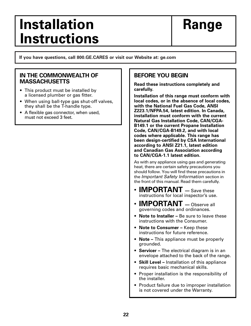 Installation instructions, Installation range instructions, Important | Hotpoint RGA724 User Manual | Page 22 / 36