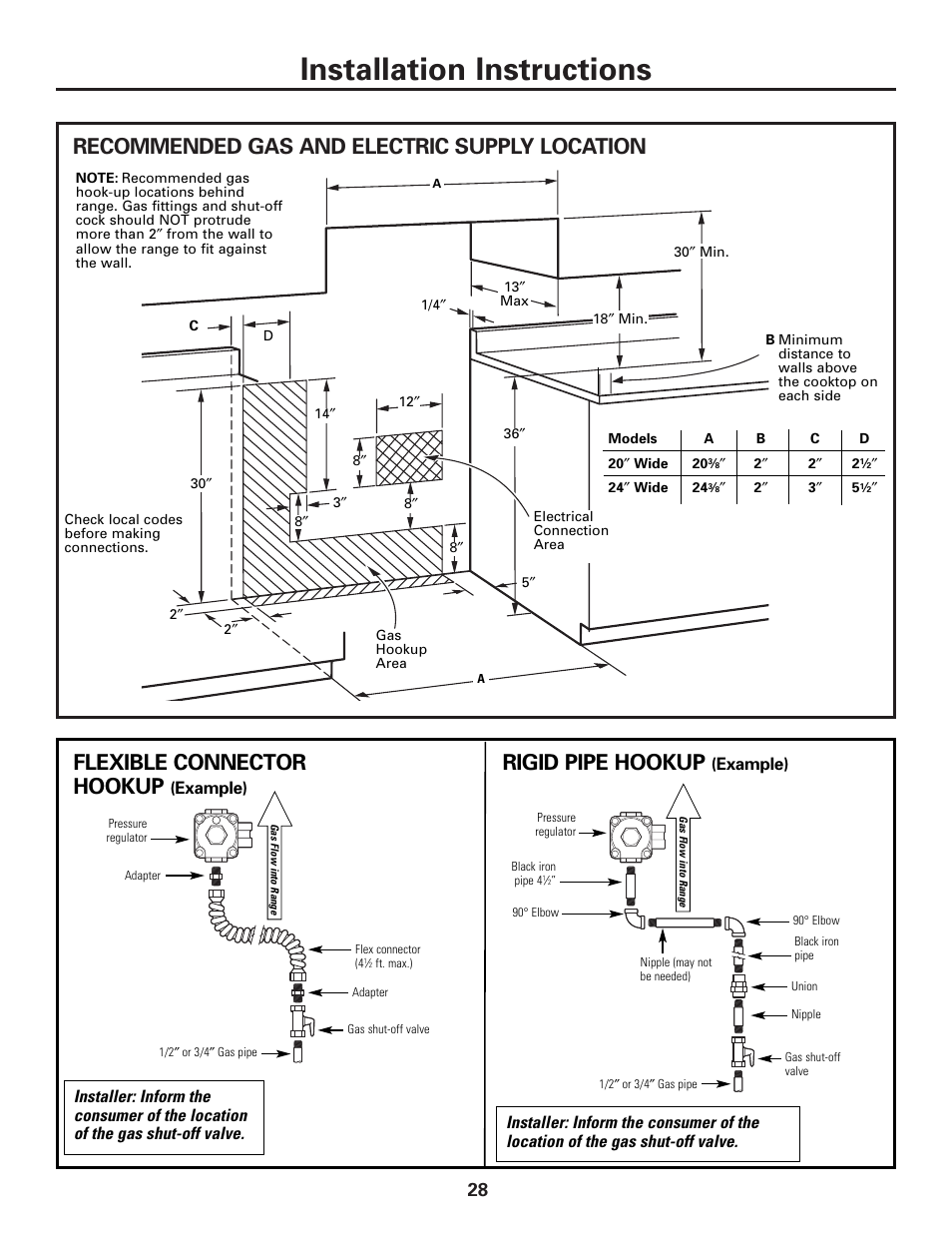 Installation instructions, Recommended gas and electric supply location, Flexible connector rigid pipe hookup | Hookup, Example) | Hotpoint RGA724 User Manual | Page 28 / 36