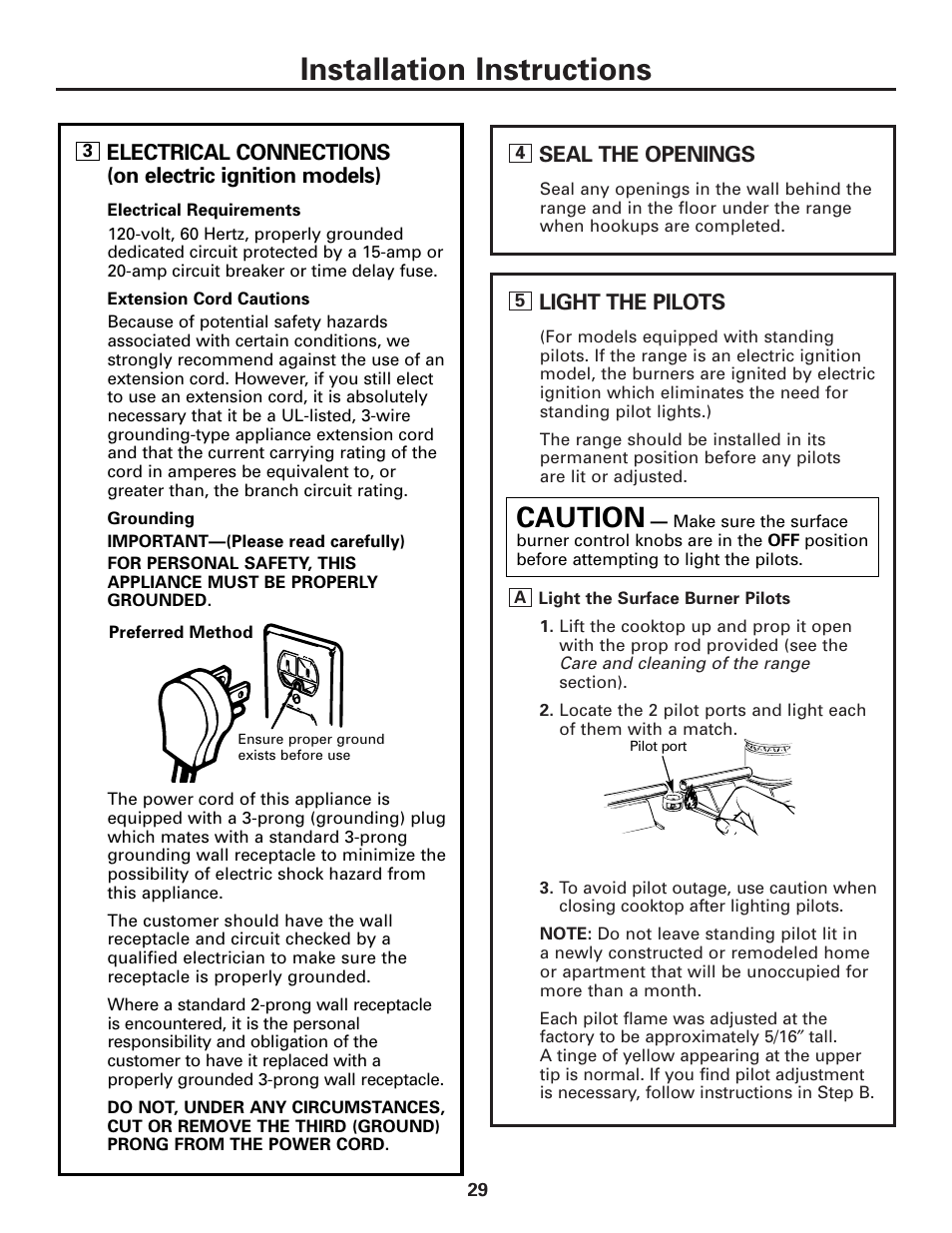 Installation instructions, Caution | Hotpoint RGA724 User Manual | Page 29 / 36