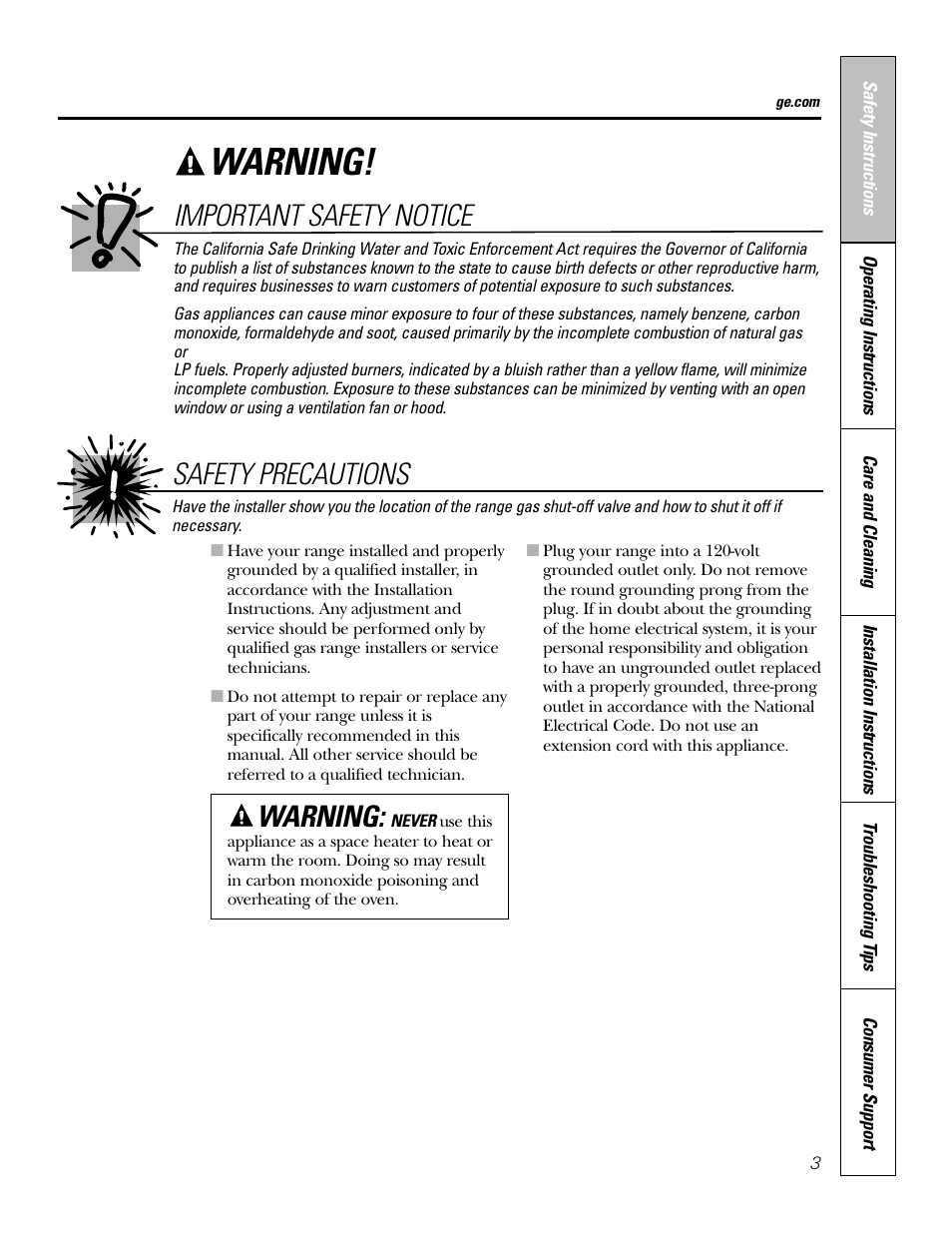 Warning, Safety precautions important safety notice | Hotpoint RGA724 User Manual | Page 3 / 36