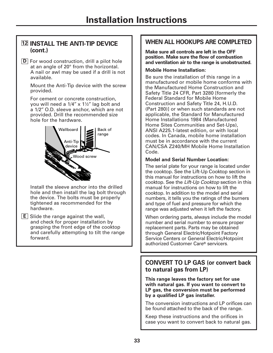 Installation instructions, When all hookups are completed, Install the anti-tip device (cont.) | Hotpoint RGA724 User Manual | Page 33 / 36