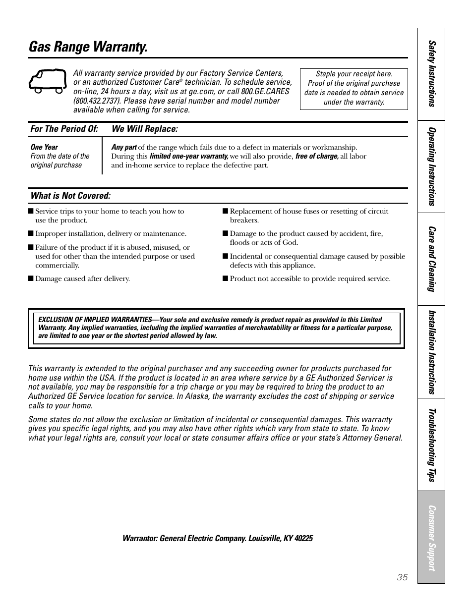 Warranty, Gas range warranty | Hotpoint RGA724 User Manual | Page 35 / 36