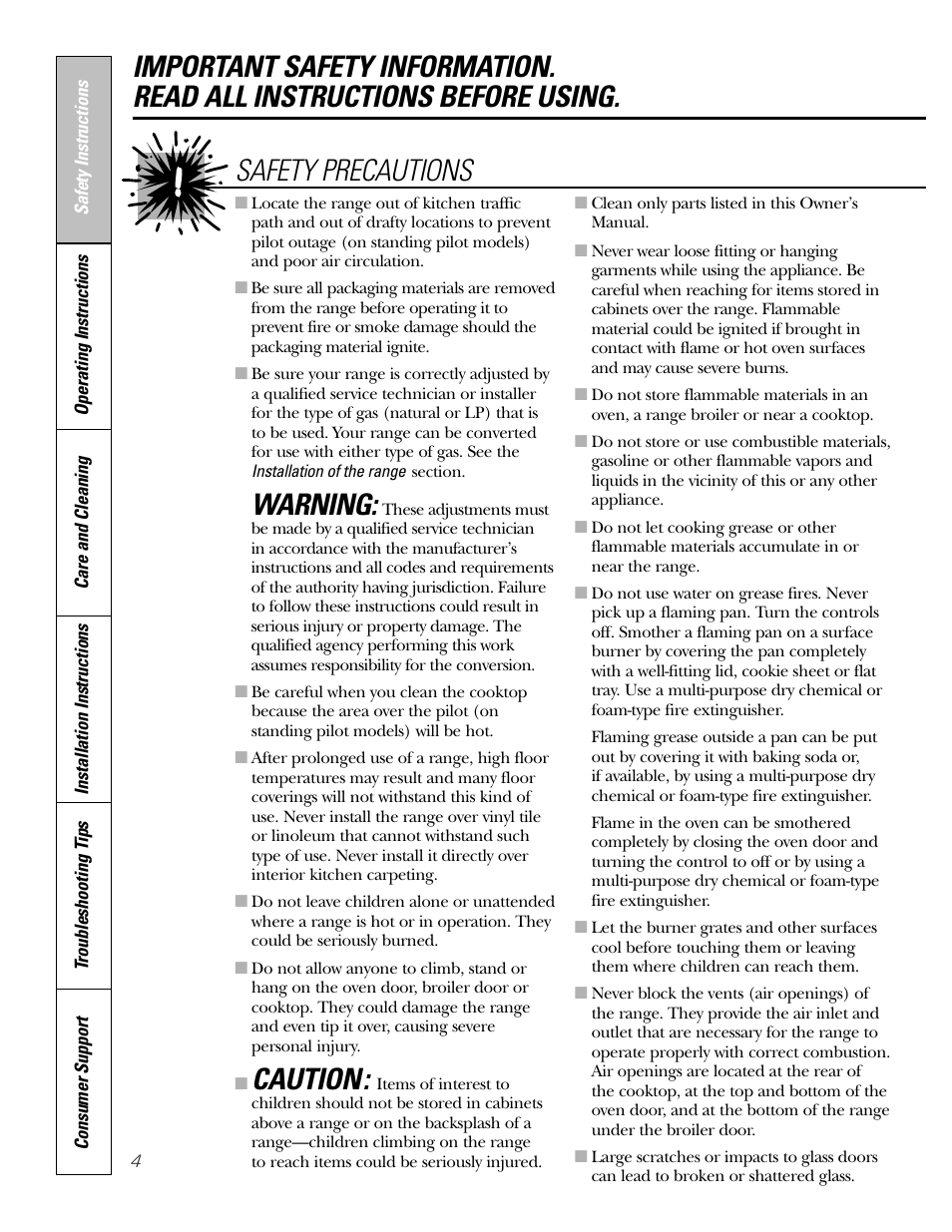 Warning, Caution | Hotpoint RGA724 User Manual | Page 4 / 36