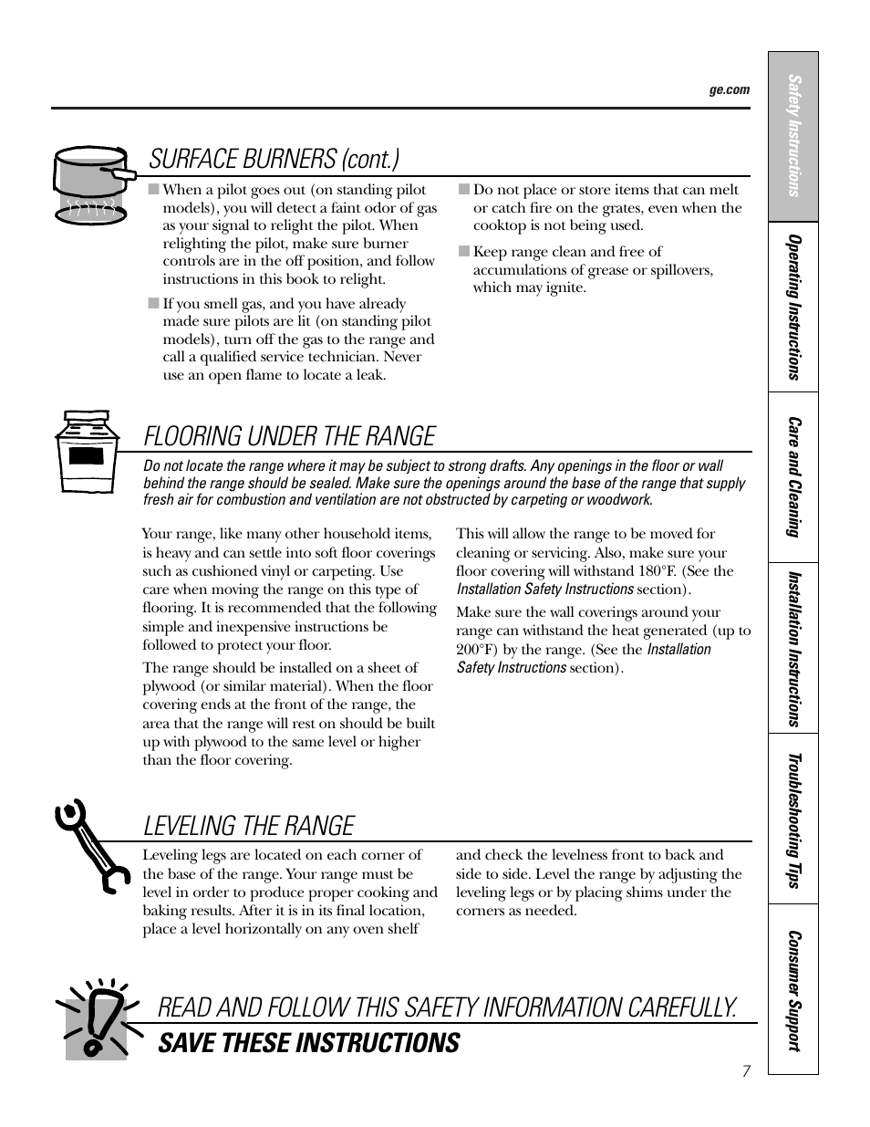 Flooring under the range, Leveling the range | Hotpoint RGA724 User Manual | Page 7 / 36