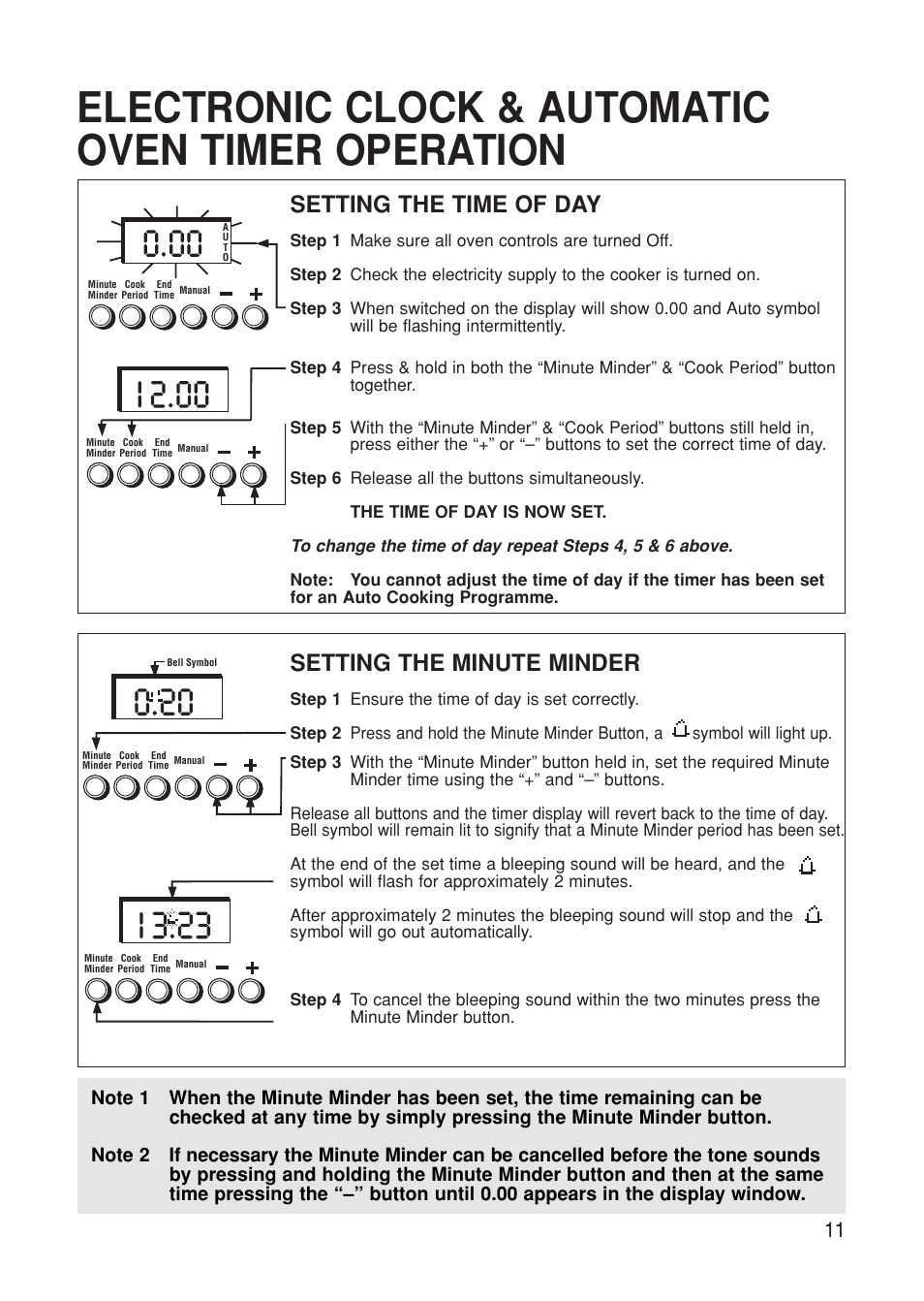 Electronic clock & automatic oven timer operation, Setting the time of day, Setting the minute minder | Hotpoint BS61 MK2 User Manual | Page 11 / 40