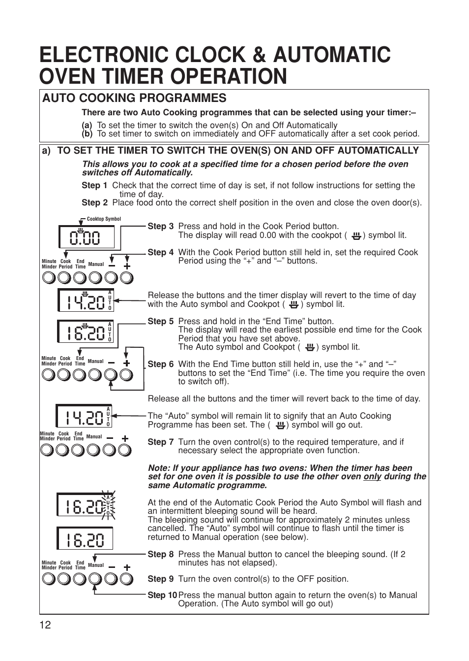 Electronic clock & automatic oven timer operation, Auto cooking programmes | Hotpoint BS61 MK2 User Manual | Page 12 / 40