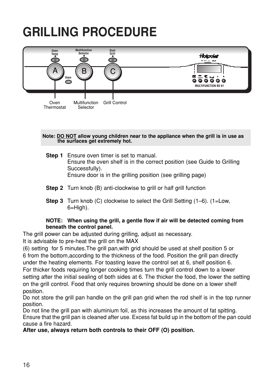Grilling procedure, Ab c | Hotpoint BS61 MK2 User Manual | Page 16 / 40