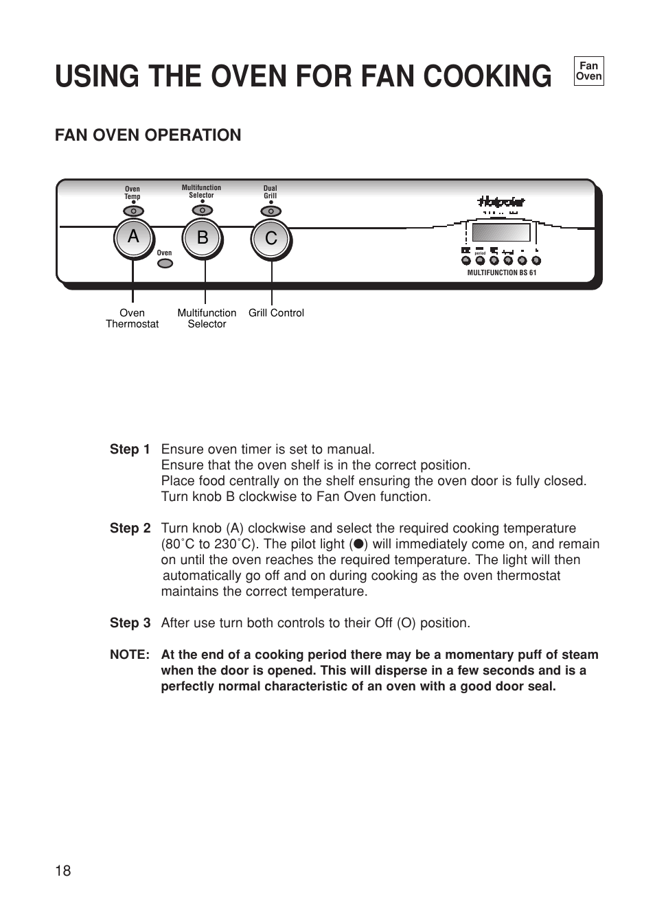 Using the oven for fan cooking, Ab c, Fan oven operation | Hotpoint BS61 MK2 User Manual | Page 18 / 40