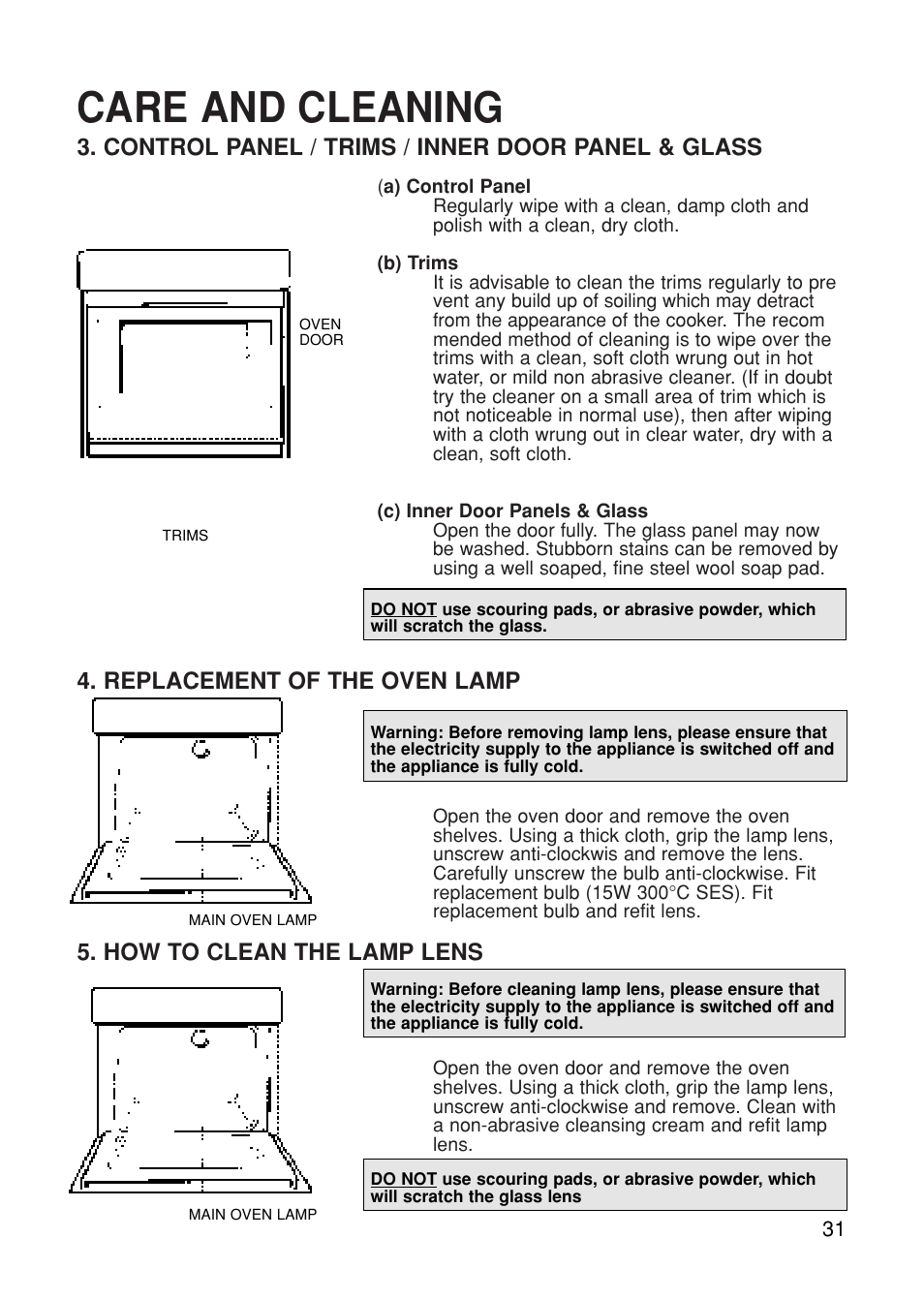 Care and cleaning, Control panel / trims / inner door panel & glass, Replacement of the oven lamp | How to clean the lamp lens | Hotpoint BS61 MK2 User Manual | Page 31 / 40