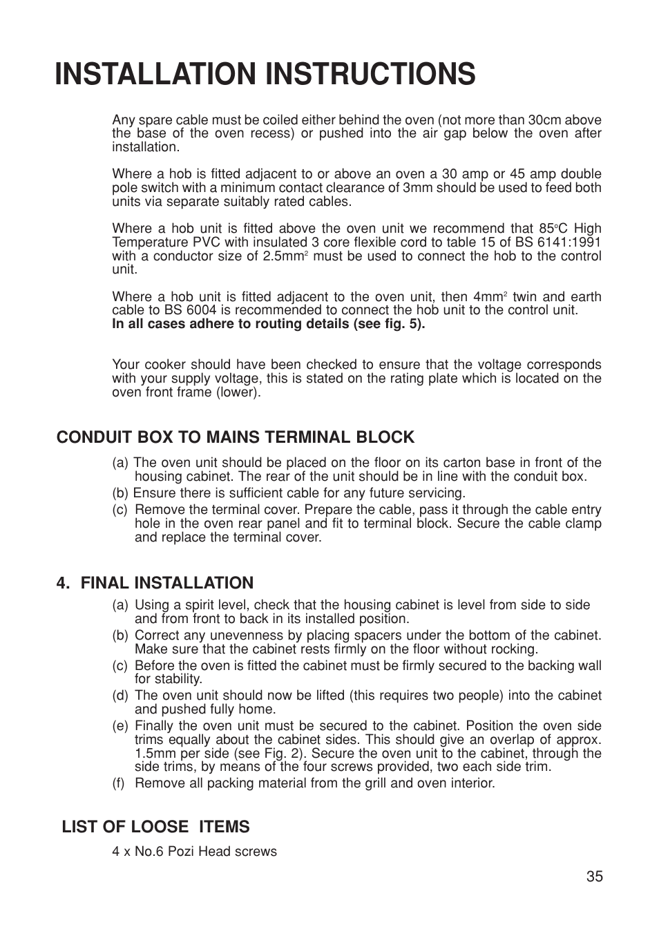Installation instructions | Hotpoint BS61 MK2 User Manual | Page 35 / 40