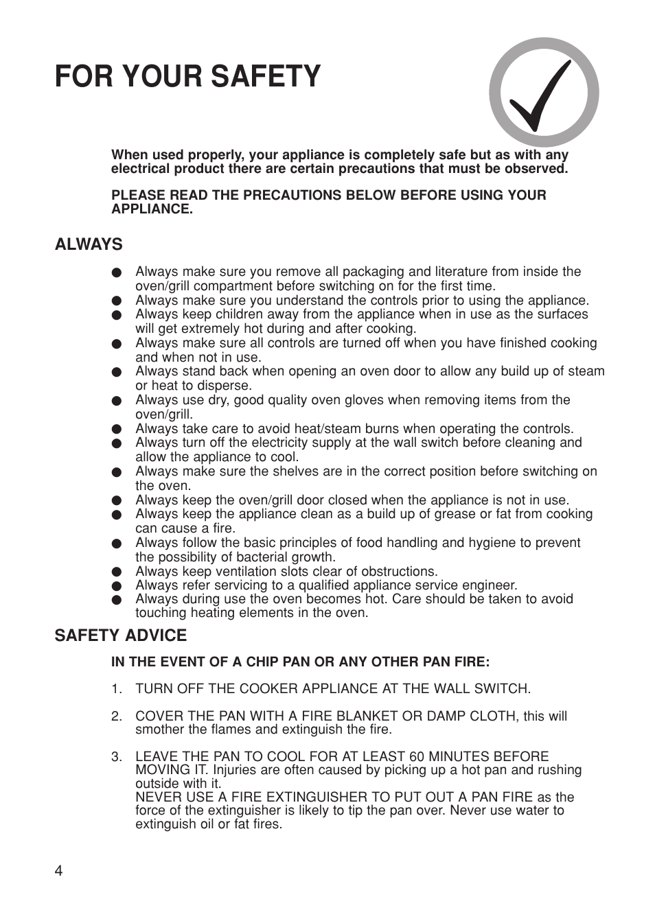 For your safety, Always, Safety advice | Hotpoint BS61 MK2 User Manual | Page 4 / 40