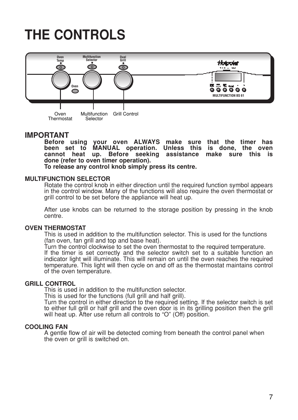 The controls, Important | Hotpoint BS61 MK2 User Manual | Page 7 / 40