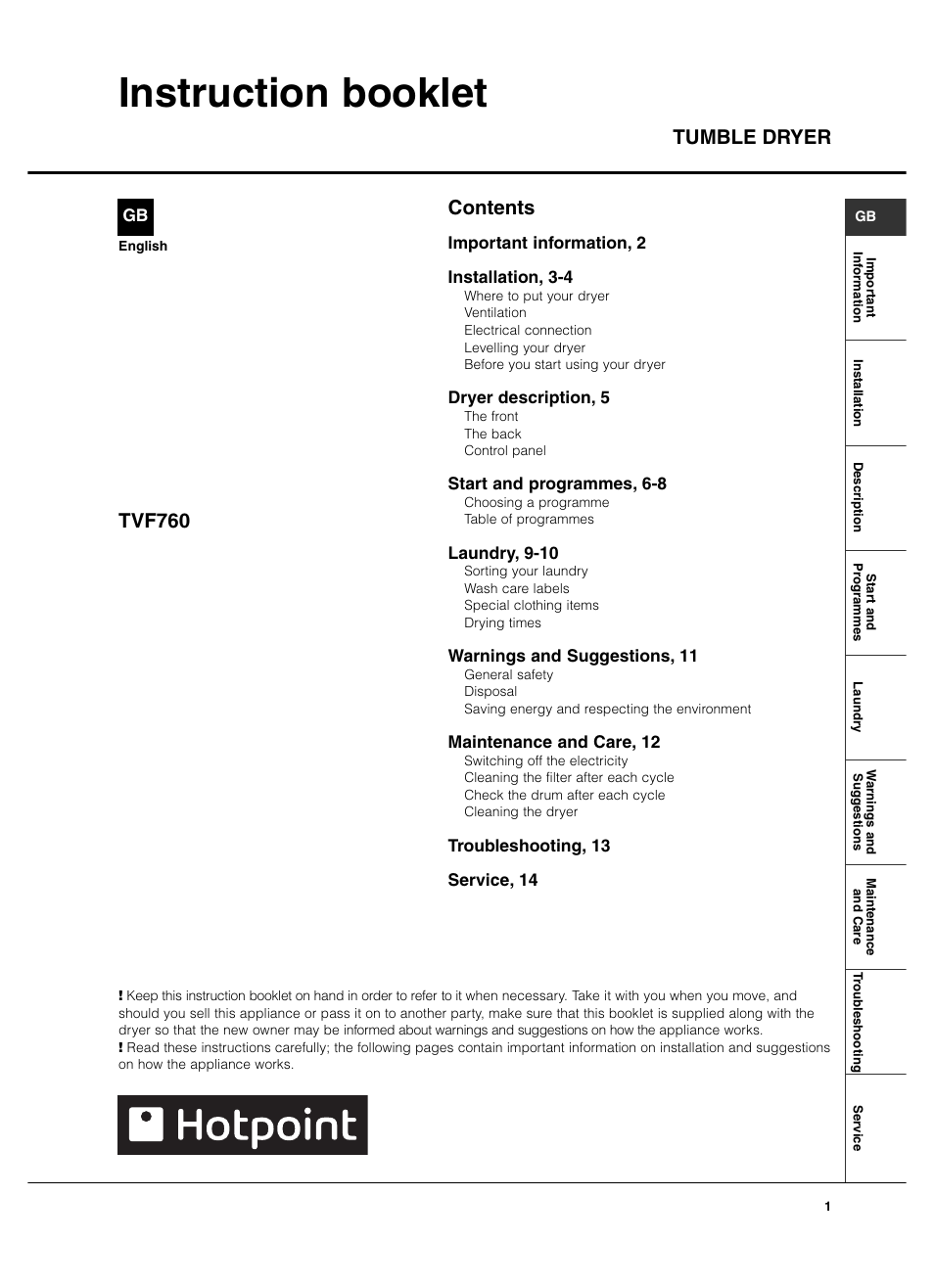 Hotpoint TVF760 User Manual | 16 pages