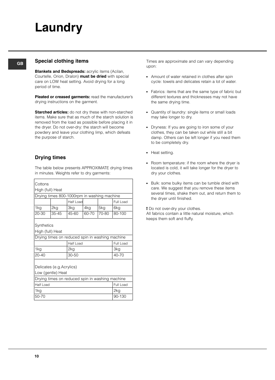 Laundry, Special clothing items, Drying times | Hotpoint TVF760 User Manual | Page 10 / 16