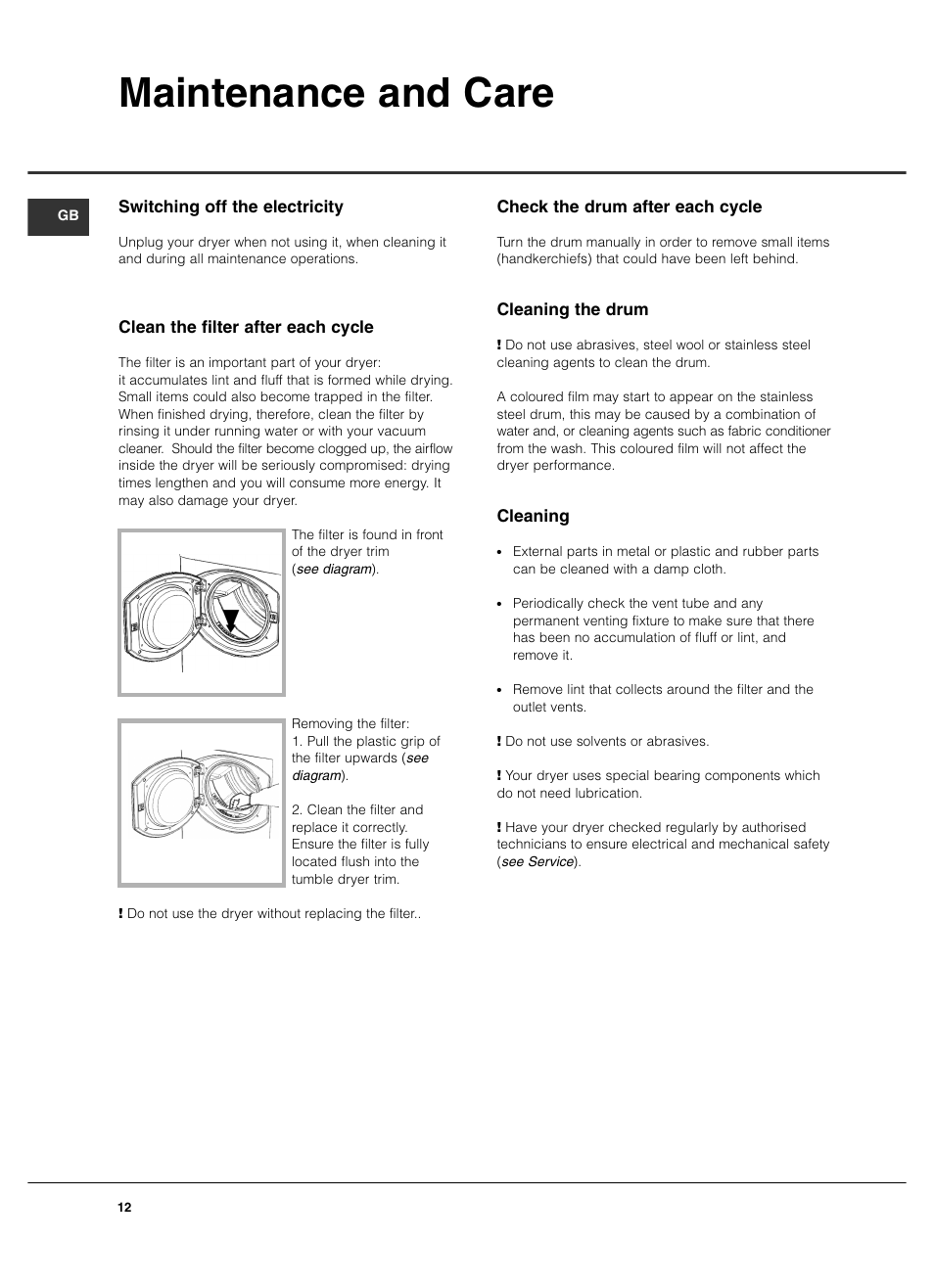 Maintenance and care | Hotpoint TVF760 User Manual | Page 12 / 16