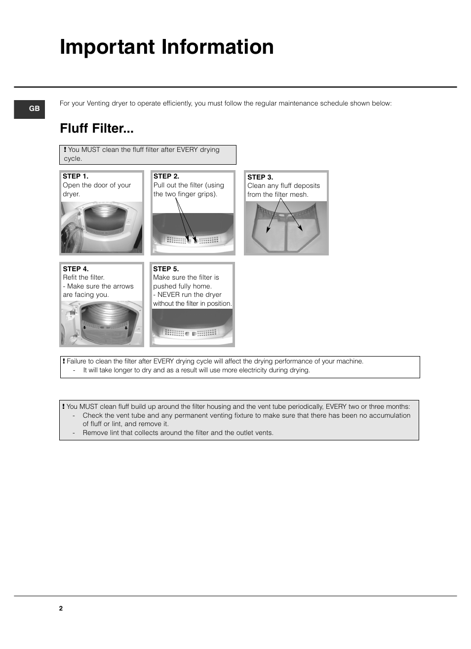 Important information, Fluff filter | Hotpoint TVF760 User Manual | Page 2 / 16