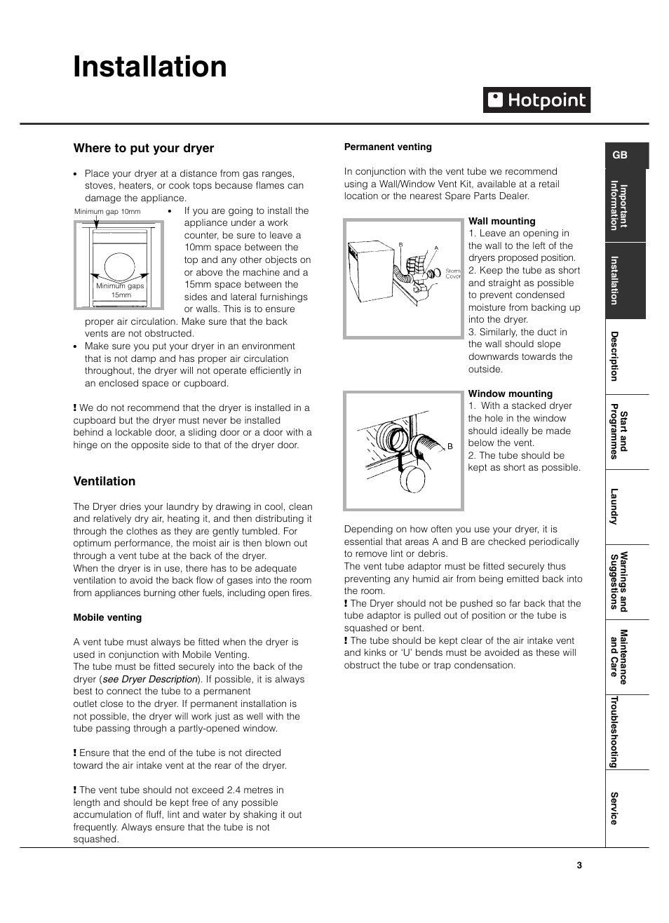 Installation, Where to put your dryer, Ventilation | Hotpoint TVF760 User Manual | Page 3 / 16
