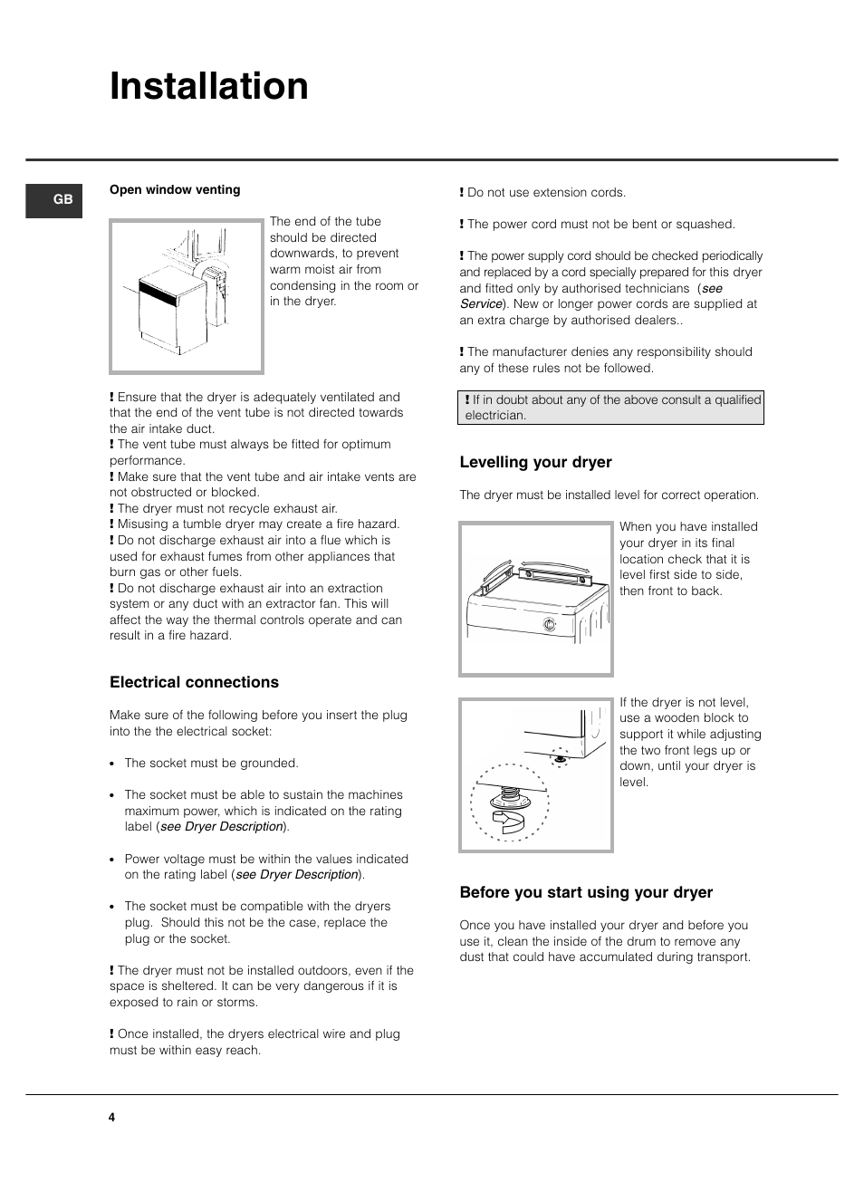 Installation, Levelling your dryer, Before you start using your dryer | Electrical connections | Hotpoint TVF760 User Manual | Page 4 / 16
