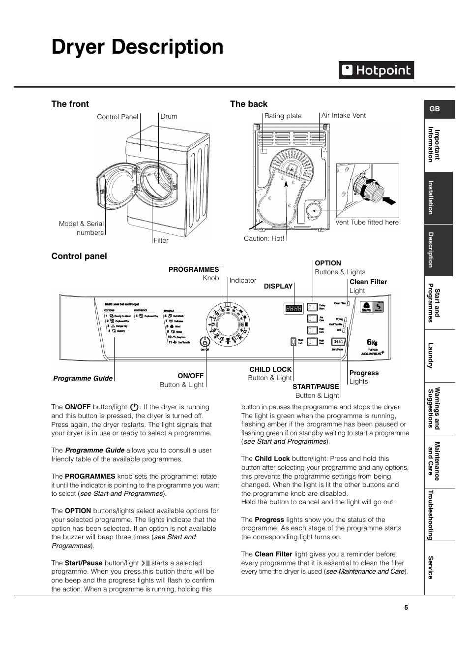 Dryer description, Control panel, The front the back | Hotpoint TVF760 User Manual | Page 5 / 16