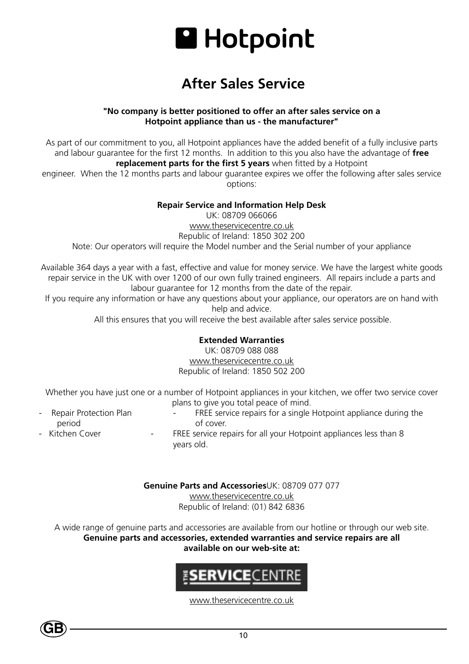 After sales service | Hotpoint HL161AI User Manual | Page 10 / 12